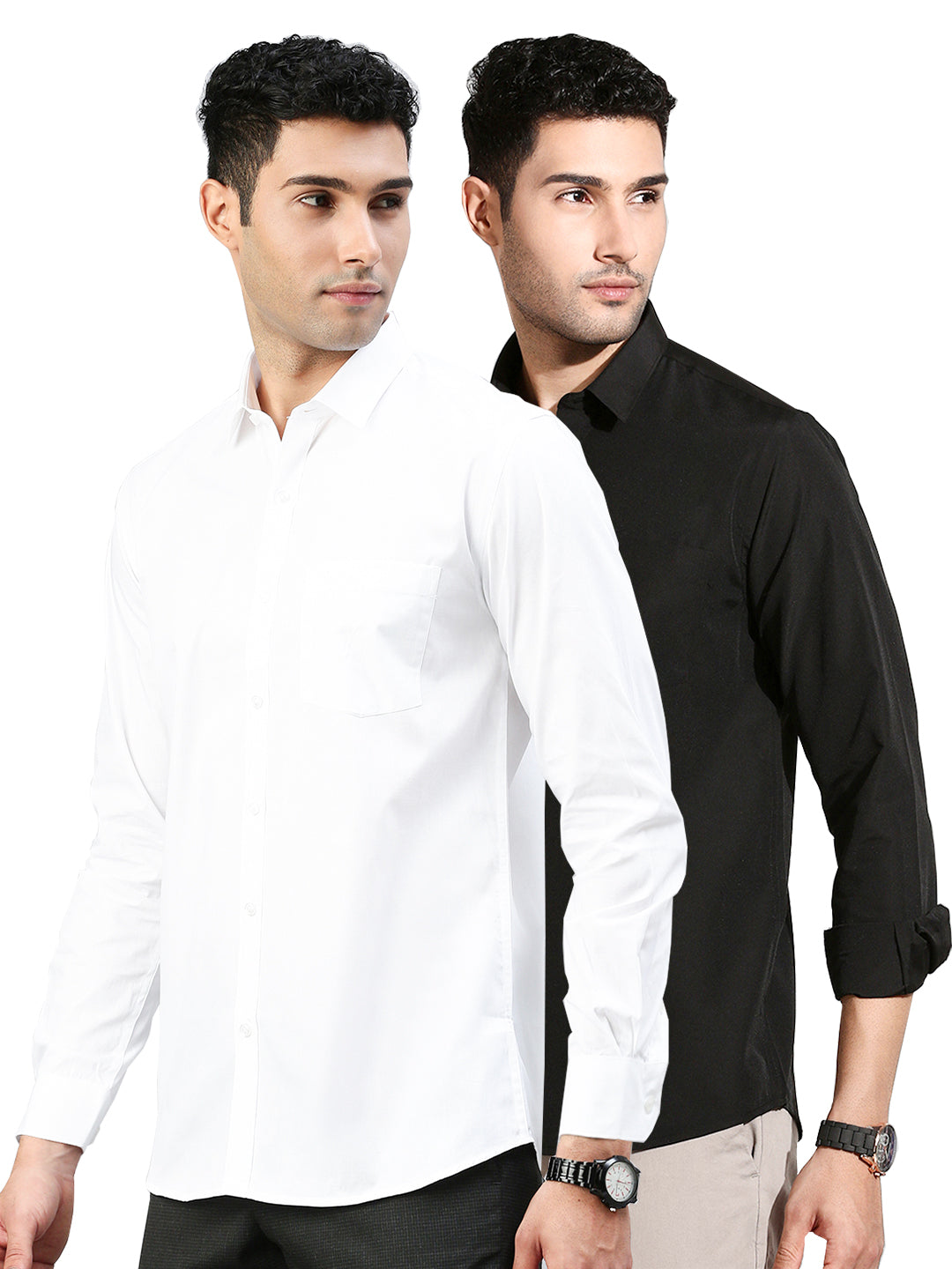 Men 100% Cotton White & Black Full Sleeves Shirt Combo (2 Pcs Pack)