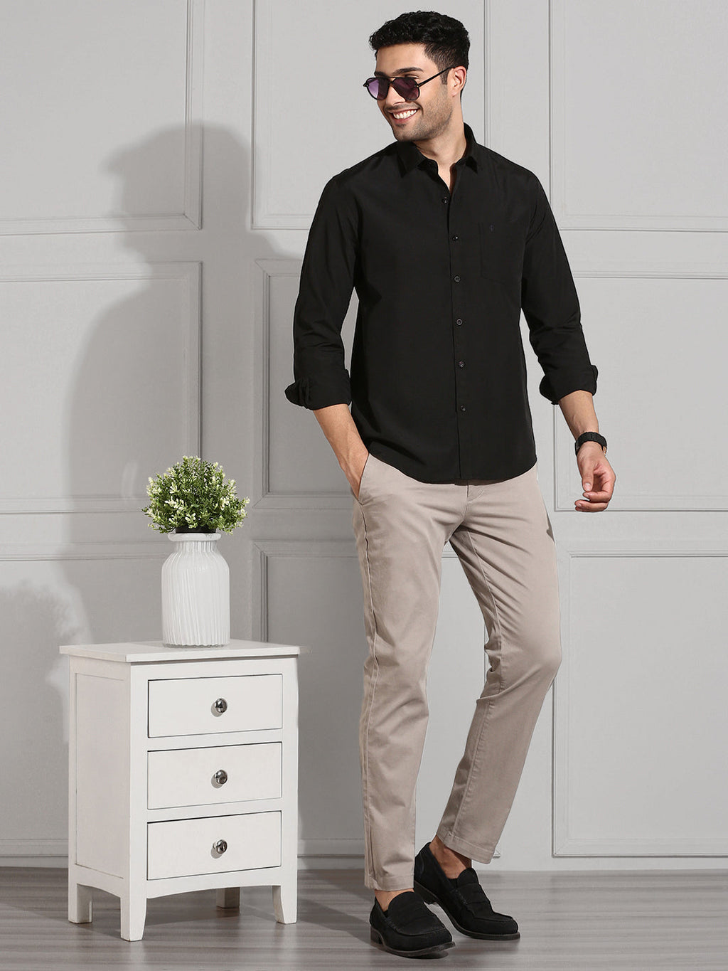 Men 100% Cotton White & Black Full Sleeves Shirt Combo (2 Pcs Pack)